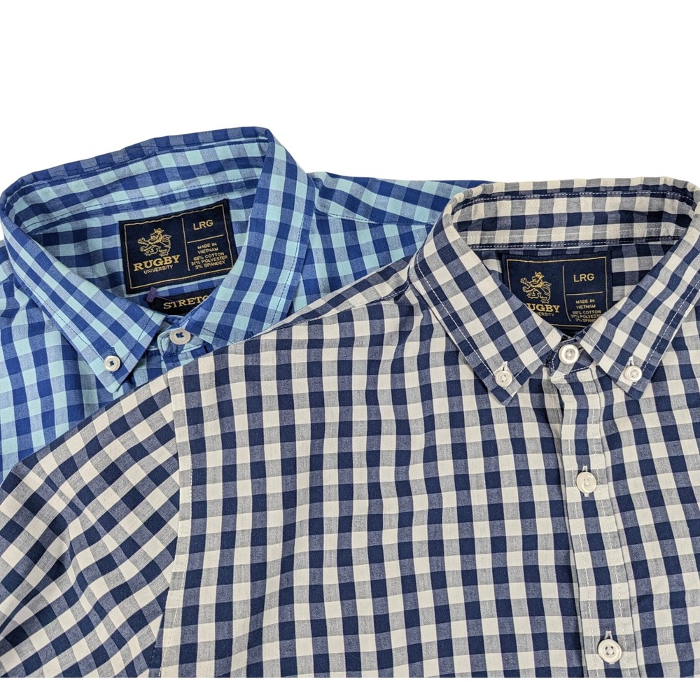 Rugby University Mens Gingham Button Down Shirts 2 Pack Blue Navy LRG Stretch